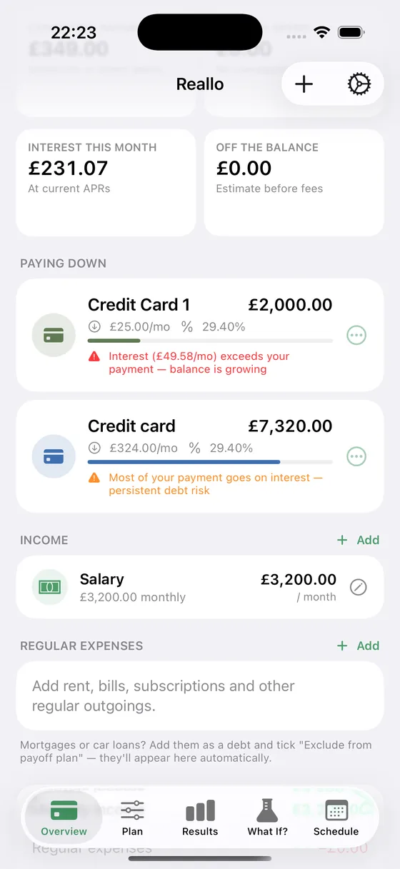 Reallo Overview screen showing debts, interest this month and income