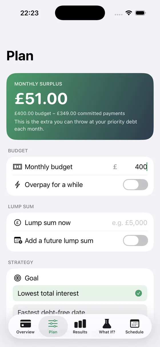 Reallo Plan screen showing monthly surplus and payoff strategy
