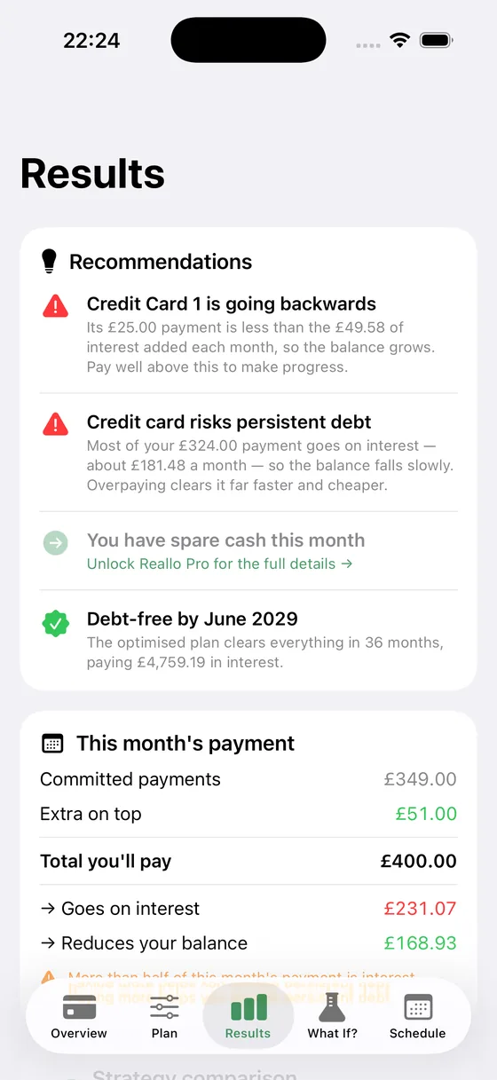 Reallo Results screen with recommendations and debt-free date